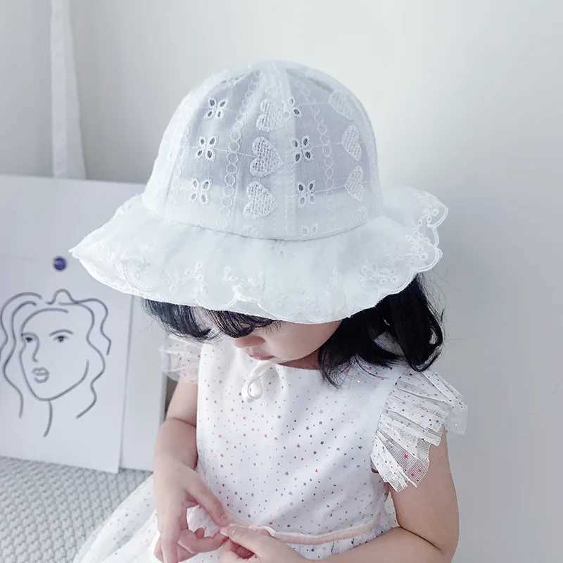 White Flower Princess Baby Fisherman Hat Lace Ruffle Infant Basin Cap Cotton Hollow Breathable Girl Visors 6-24M Toddler Sun Hat R250512