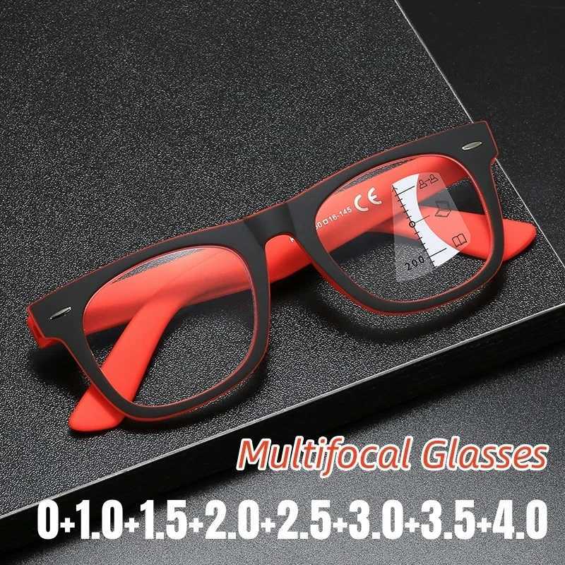Unisex Fashion Multifocal Reading Glasses High Definition Anti-blue Light Eyewear Square Progressive Presbyopia Frame 0 +4.0 W250513