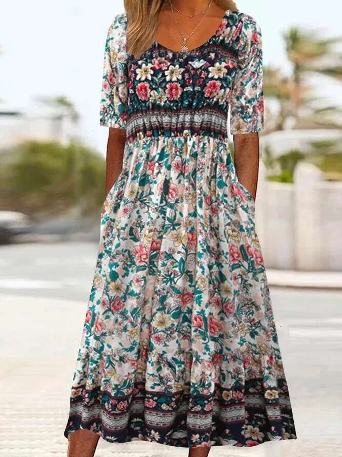 Women Clothes Dress Summer New Round Neck Short Sleeve Long Bohemian Printed Dress Women S KQ
