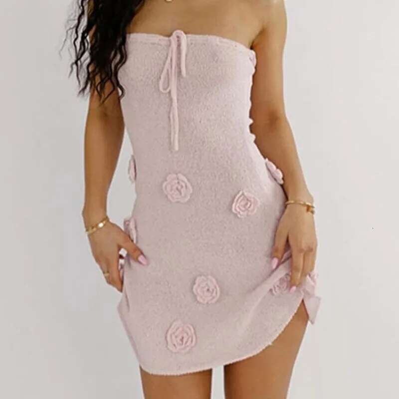 Elegant Sleeveless Lace Up Pink Mini Dress Women New Fashion 3d Flower Backless Sexy A-Line Short Dresses Bodycon Birthday Party