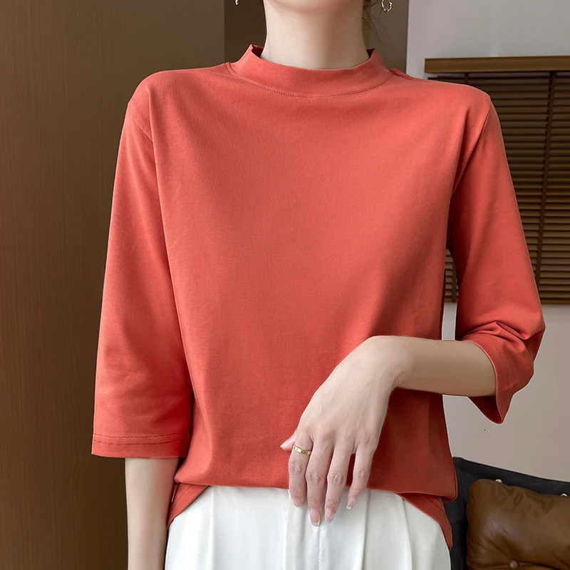 Summer And Autumn 100% Cotton Tshirt Womens SemiHighNecked Cropped Sleeves Loose Solid Color Bottoming Top 250513