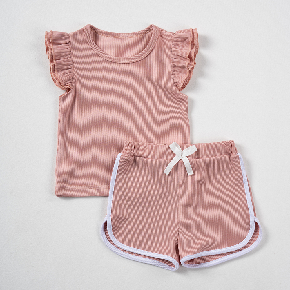 Summer baby girl set, color clashing comfortable striped double fly sleeve set, kids clothes daily and party wear for outing SY008