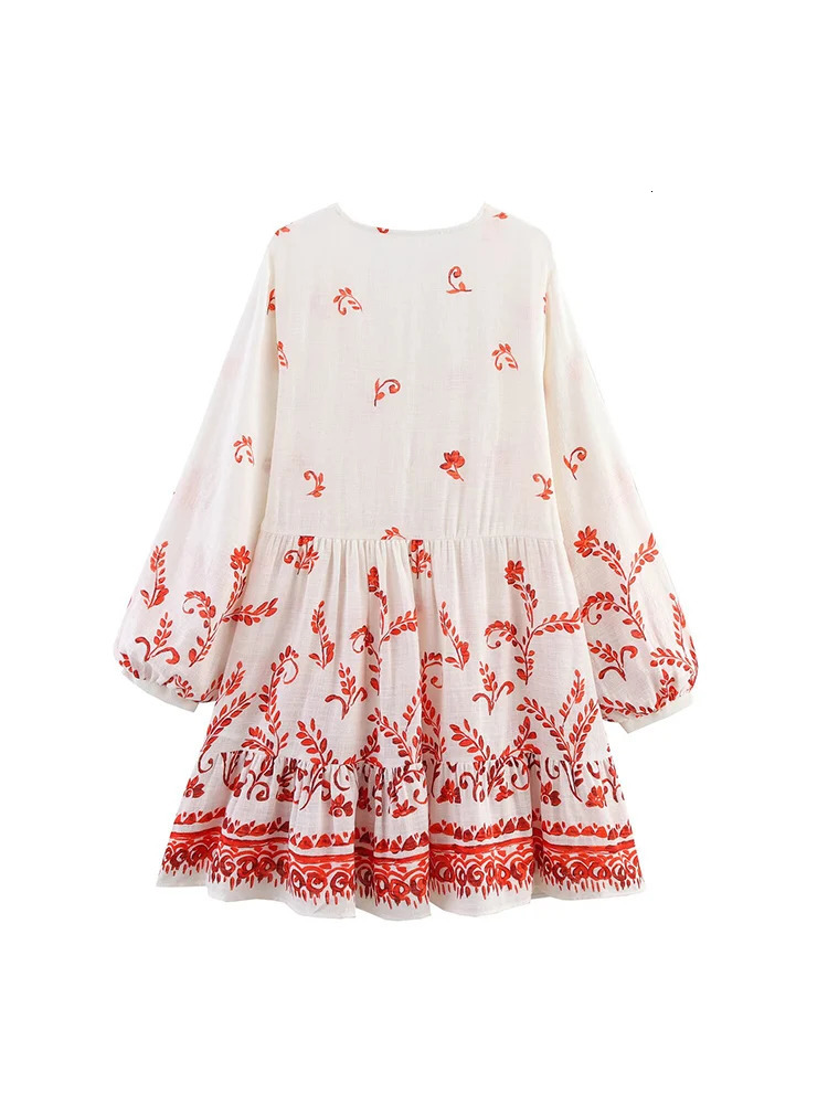 TFMLN Women Fresh V Neck Print Dress Chic Holiday Style Lantern Sleeve Vintage Loose Short Dresses Lace Up Tassels 250513