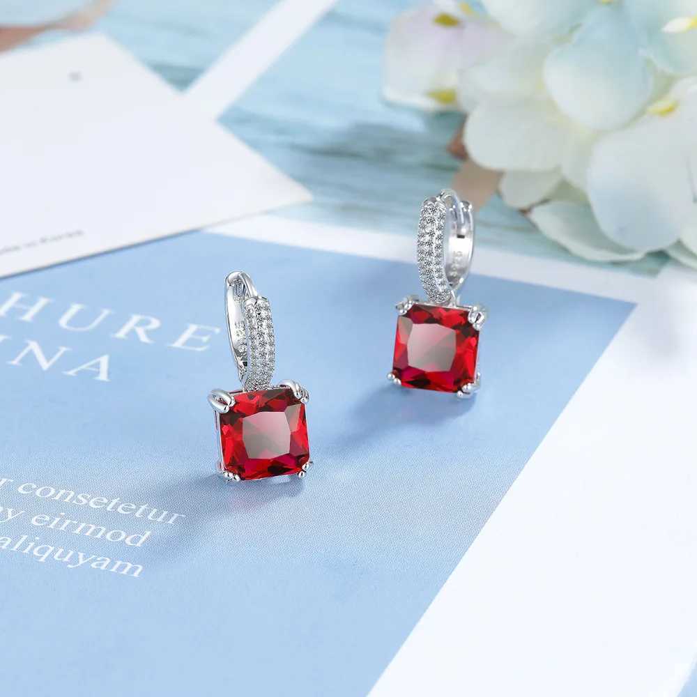 Square Princess Cut Red Created Ruby 925 Sterling Silver Hoop Earrings for Women Colorful Gemstone Earrings Huggies Y250510