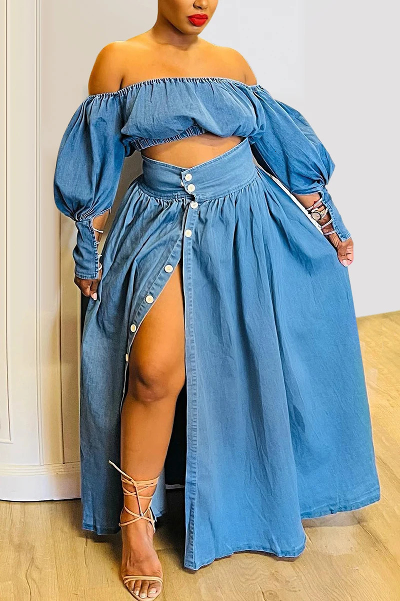Womens denim twopiece set with plus size split hem elegant puff sleeves at the shoulders elastic top and high waisted bodysuit 250427