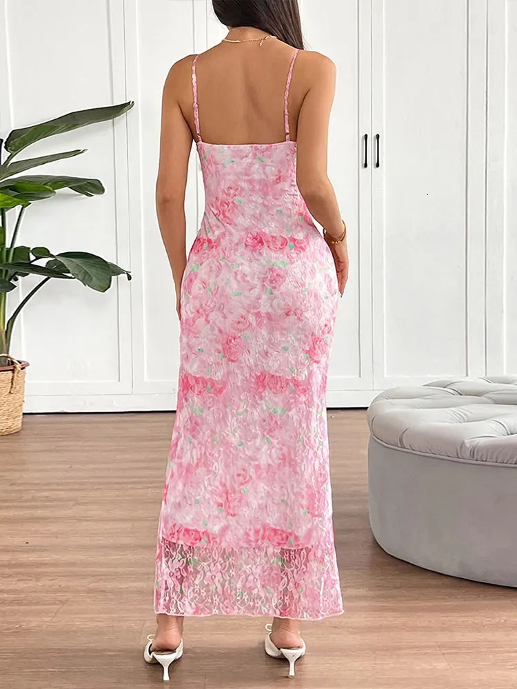 Summer Women Sling Dresses Streetwear Fashion Pink Print Split Dress Sexy Backless VNeck Elegant Lady Club Party 250513