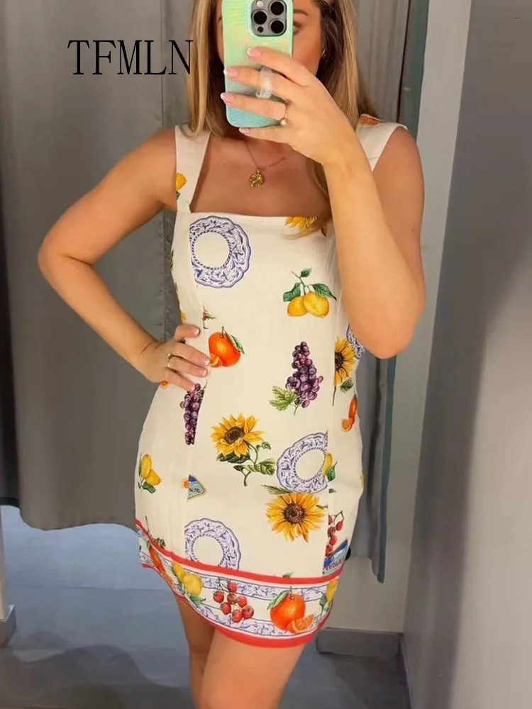 TFMLN Summer Women Back Bow Mini Dress Sweet Print Sleeveless Square Collar High Street Backless Beach Party 250513