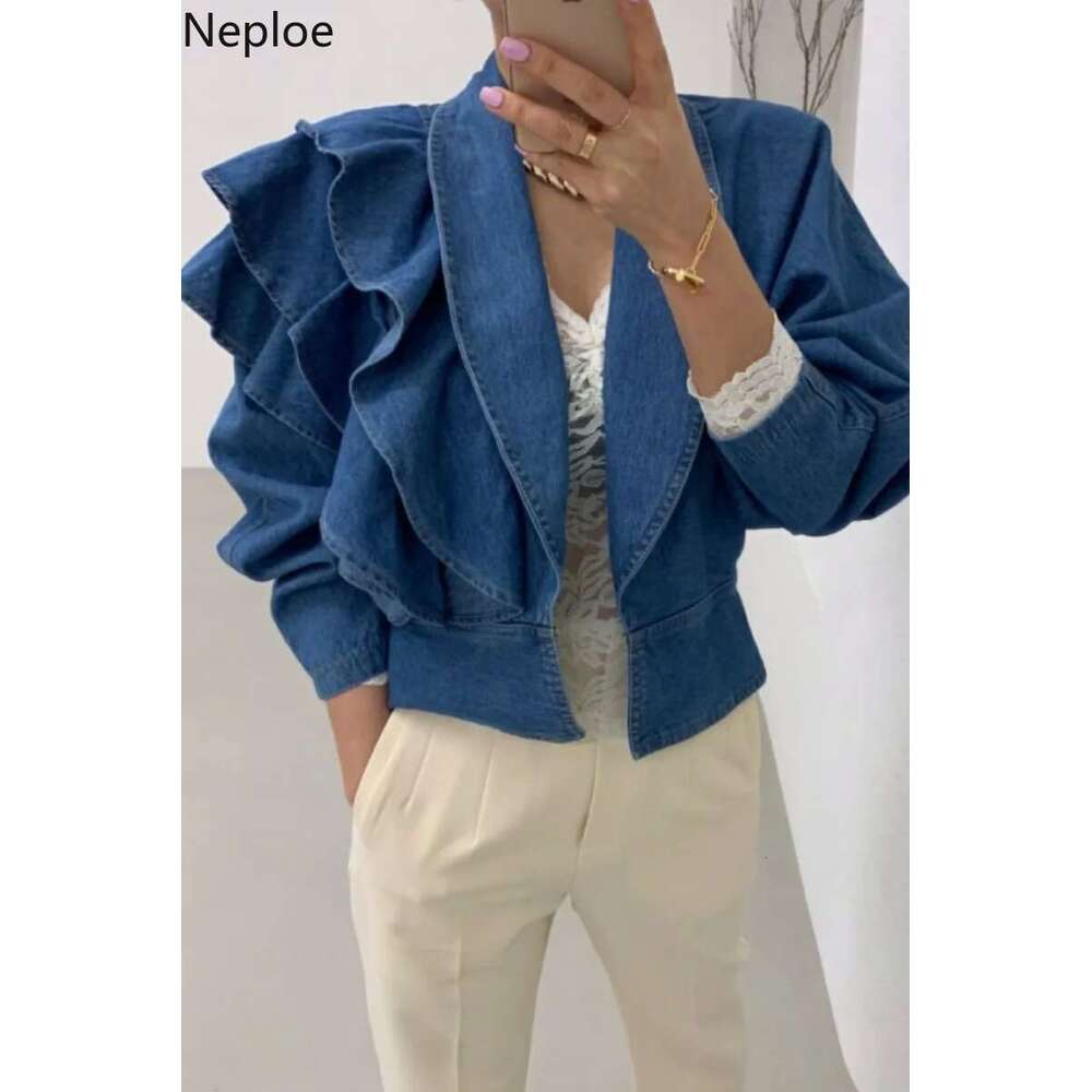 Neploe Fall 2025 Women Clothing Cropped Denim Jacket Vintage Turn-down Collar Puff Sleeve Ruffles Crop Tops Korean Jean Coat