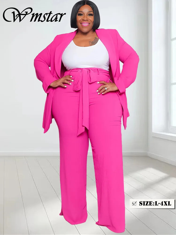 Wmstar Plus size womens twopiece solid professional suit top of the line pants set office ladies with bandages wholesale delivery 250506