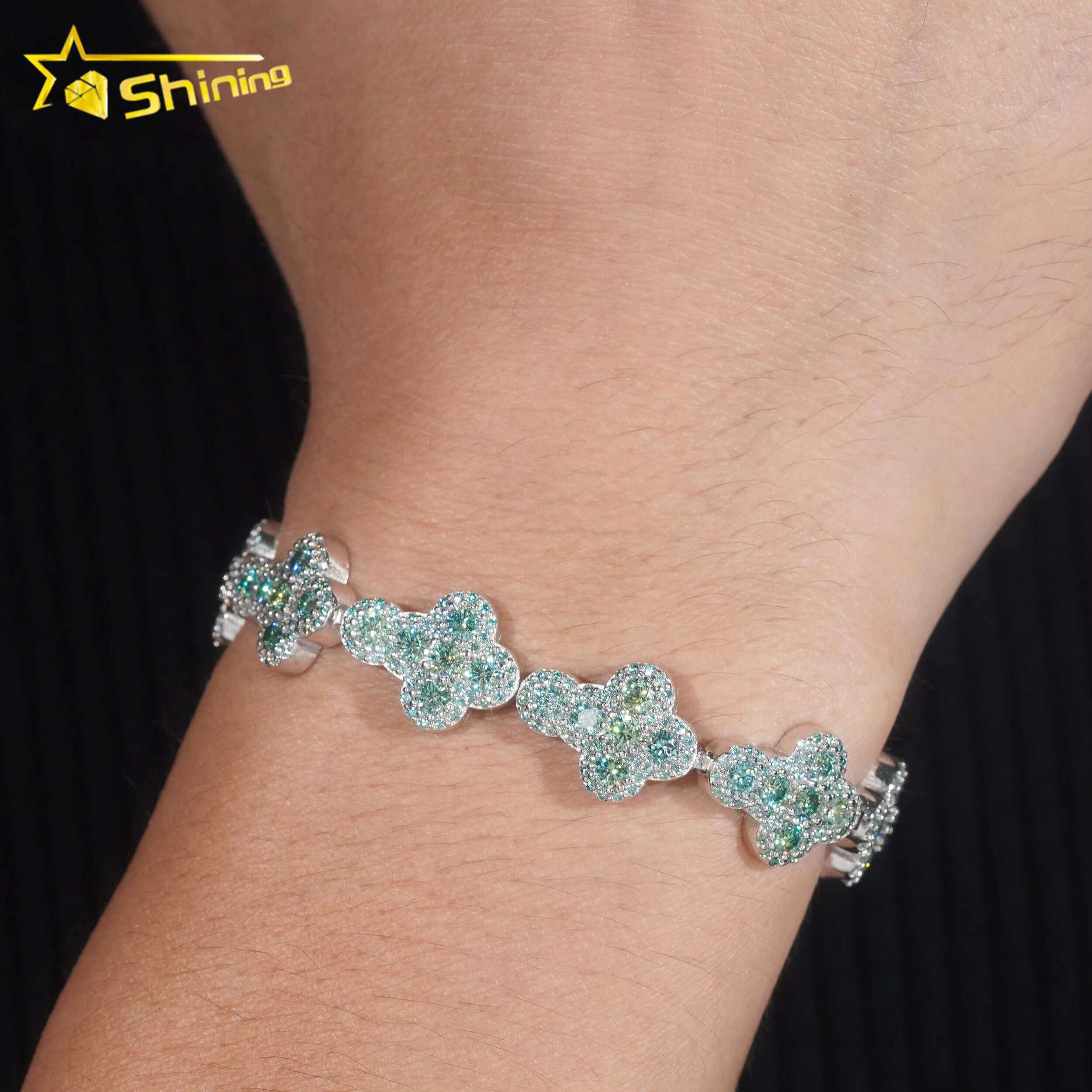 Pass Diamond Tester Silver 925 Gold Plated Hip Hop Jewelry Custom Blue Green Colored Moissanite Cluster Cuban Bracelet