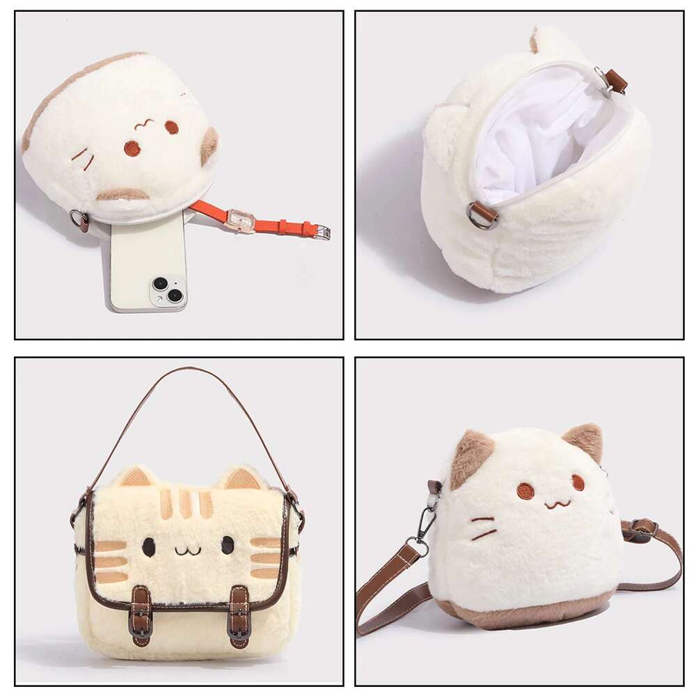 Cute Plush Cat Handbag Adorable Stuffed Animal Hand-Made Backpack Large Capacity Shoulder Bag Cartoon Daypack For Kids Girls