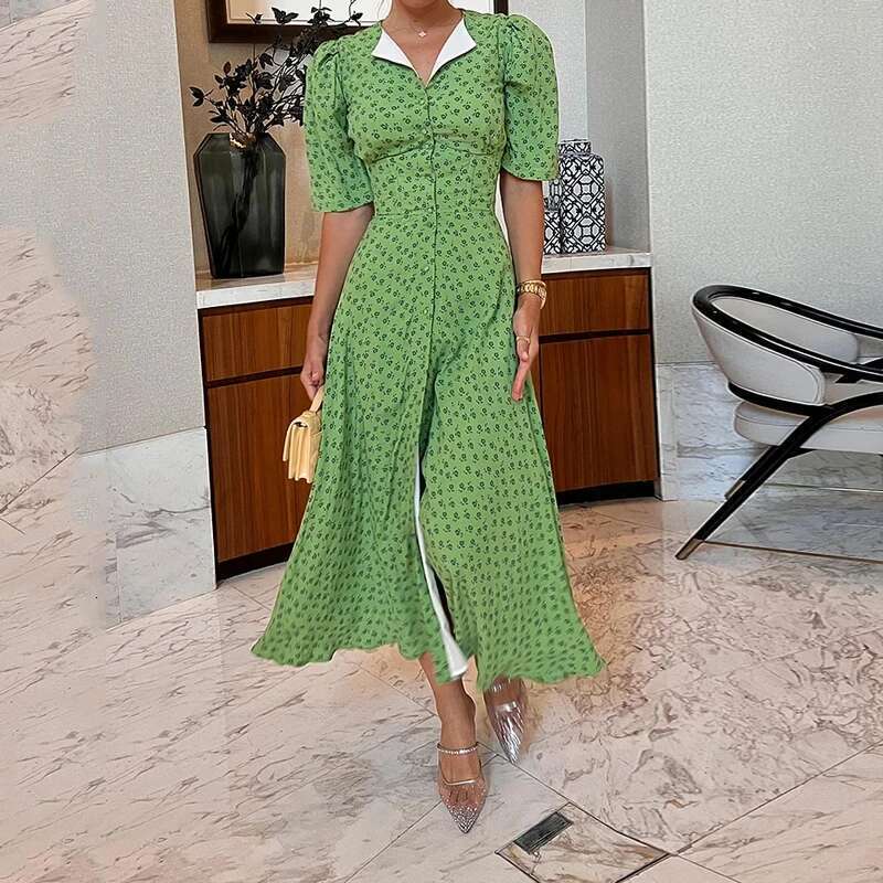 Ellafads Long Women Summer Elegant Short Sleeve Printed V Neck Nipped Waist Slit Casual Holiday Dresses Streetwear