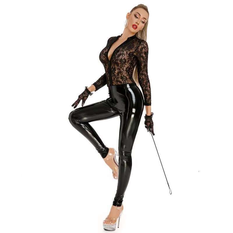 Women Sexy See-Through Lace Splice PU Leather Bodysuit Zip Crotchless Latex Jumpsuit Hot Sex Passion Night Couple Game Uniform