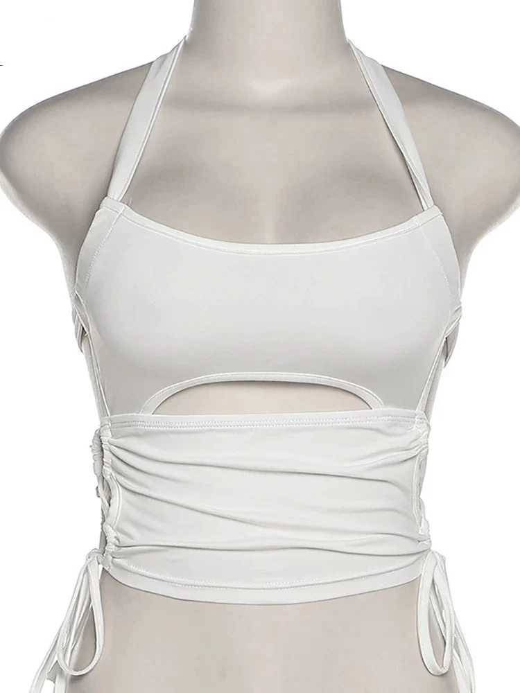 Y2K Sexy Backless Summer Crop Top Women Hollow Out White Sleeveless Bandage Halter Tank Tops Streetwear Cami 90s M250513
