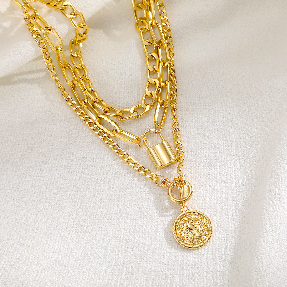 Trendy Multi-Layer Gold Necklace Set with Coin Pendant and Lock Charm, Fashionable Choker for Women