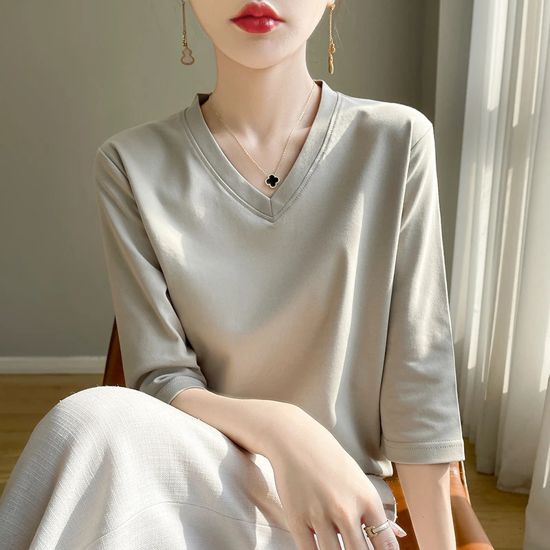 Spring Summer Mercerized Cotton Cropped Sleeve TShirt Womens Round Neck Loose 100% ShortSleeved Bottoming Shirt 250513