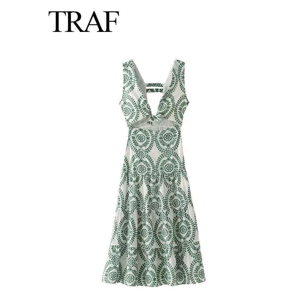 TRAFZA Woman Summer Long Dresses Green Embroidery Sleeveless Sexy Backless Dress Female Beach Style For Holiady Vestidos