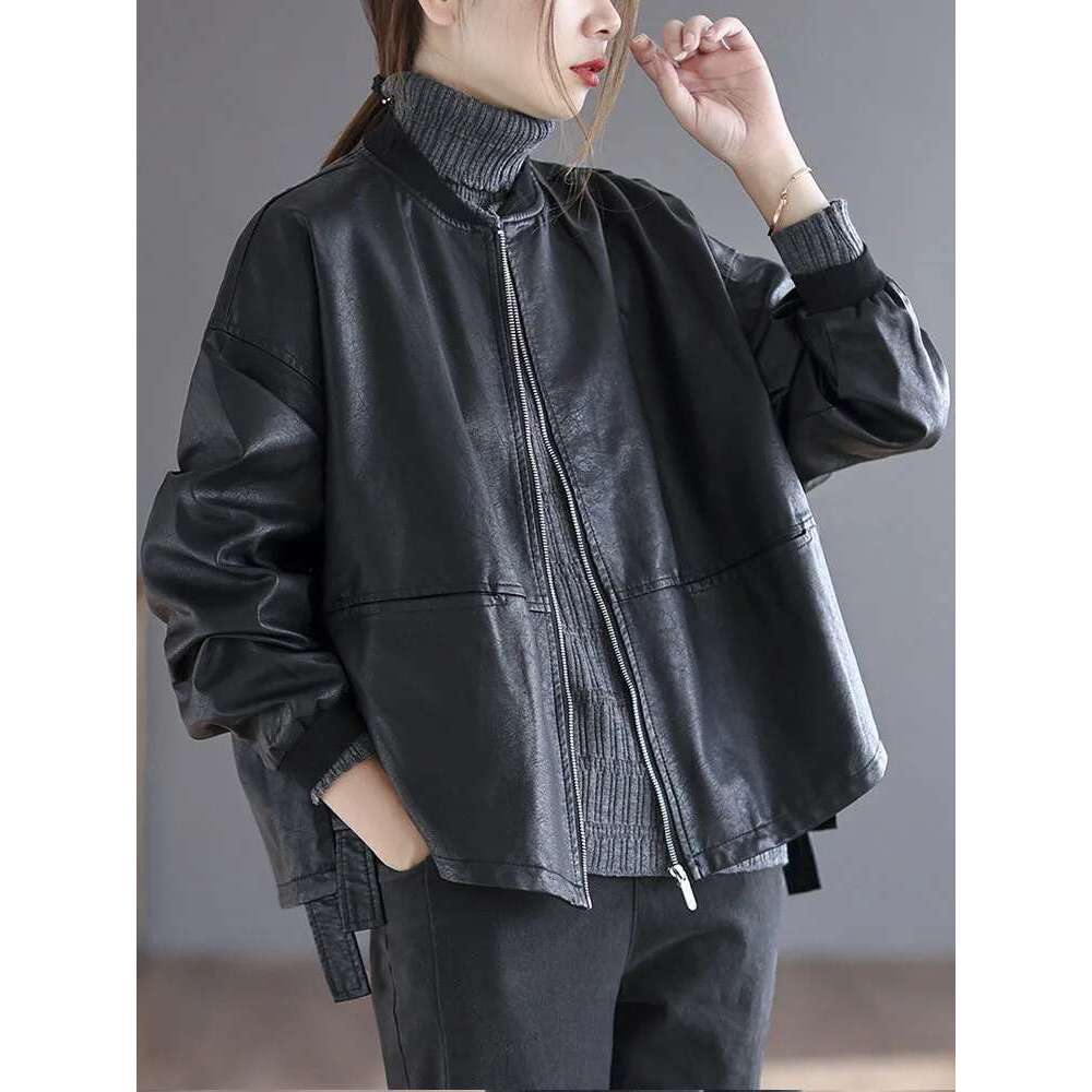 Amax luluE 2024 Autumn Fashion Biker Clothes Womens Loose Vintage Faux Leather Jackets Punk Pu Coats Black Big Outerwear
