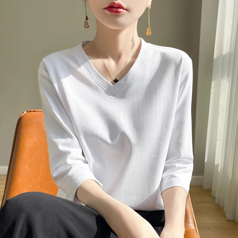 Spring Summer Mercerized Cotton Cropped Sleeve TShirt Womens Round Neck Loose 100% ShortSleeved Bottoming Shirt 250513