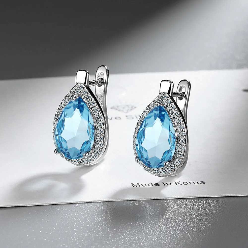 Ins Pear Cut Blue Black Green Red Zircon Hoop Earrings For Women Silver Color Small Ear Buckle Wedding Party Versatile Jewelry Y250510