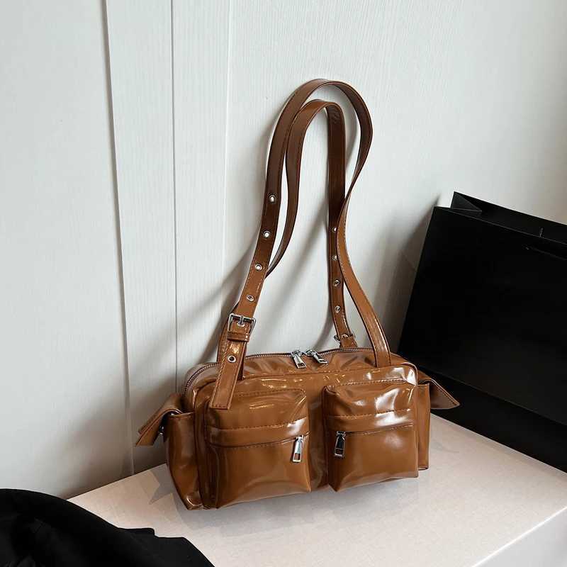 Shiny Multi-pocket Women Shoulder Bag Korean Niche Celebrity-style Motorcycle Bag Fiable And Versatile Designer New HandbagXJ250605