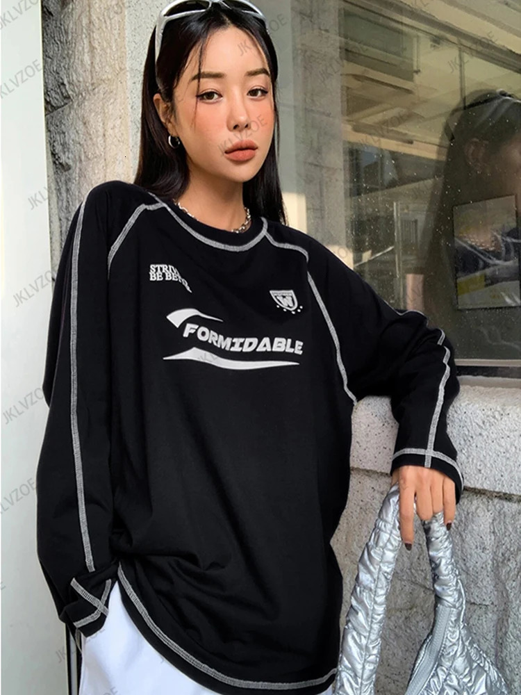 Spring Autumn Letter Print TShirt For Women Fashion ONeck Long Sleeve Sports Football Jersey Y2K Loose Oversized Tops 250513