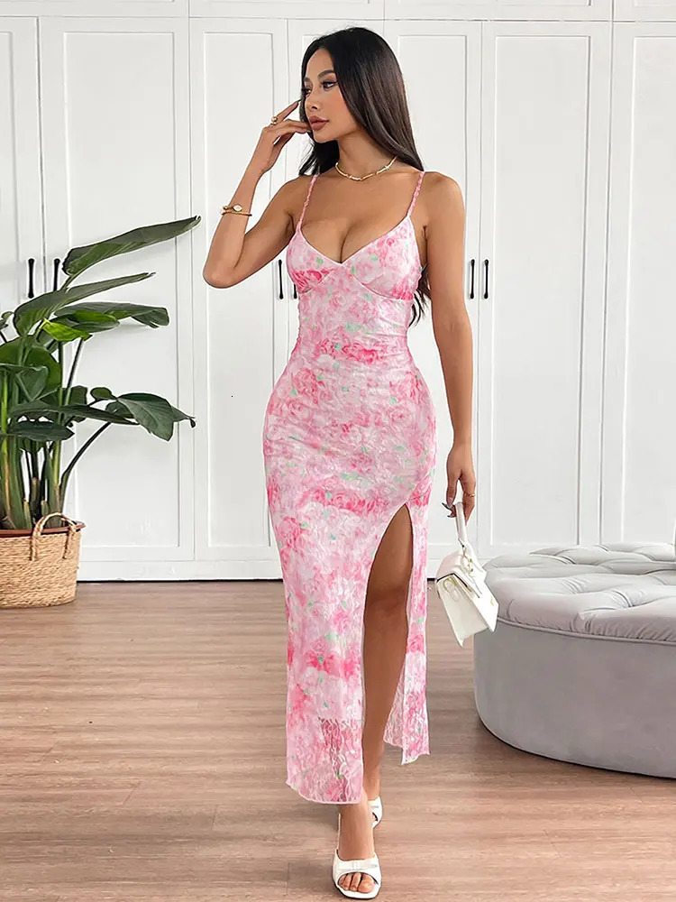 Summer Women Sling Dresses Streetwear Fashion Pink Print Split Dress Sexy Backless VNeck Elegant Lady Club Party 250513