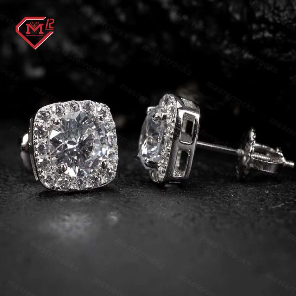 Daily Wear Men Earrings Stud Hip Hop Jewelry Iced Out Square S925 Silver Vvs Round Moissanite Earrings