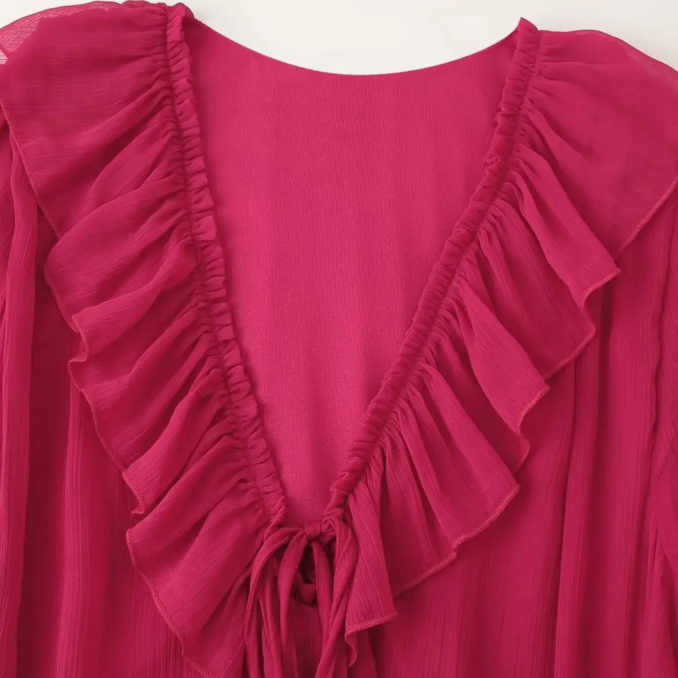 ZBZA Women Laceup Mini Dress Tassel Loose Ruffled Collar Midwaist Solid Color Pleated Spring Summer Female Chic Top 250513