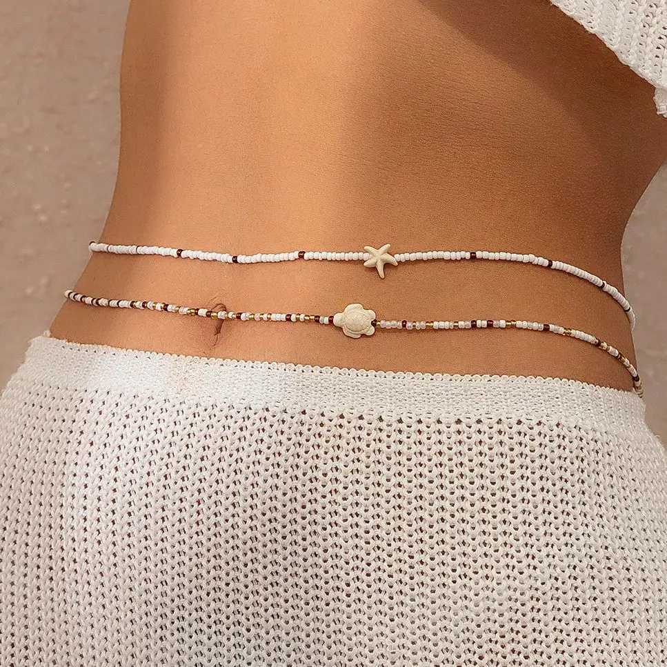 KunJoe 2Pcs Bohemian Turtle Sea Star Waist Chain Set for Women Summer Bikini Small Seed Beads Belly Chain Beach Body JewelryT250513