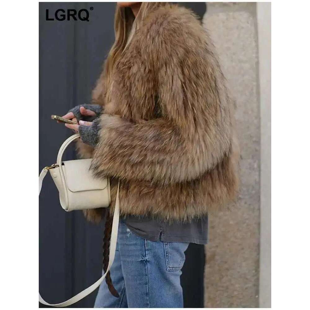 LGRQ 2025 New Fur Fashion Women Clothes, Full Sleeves Wool Blends Khaki Color Open Over Coat ,Wq1009604l Designer