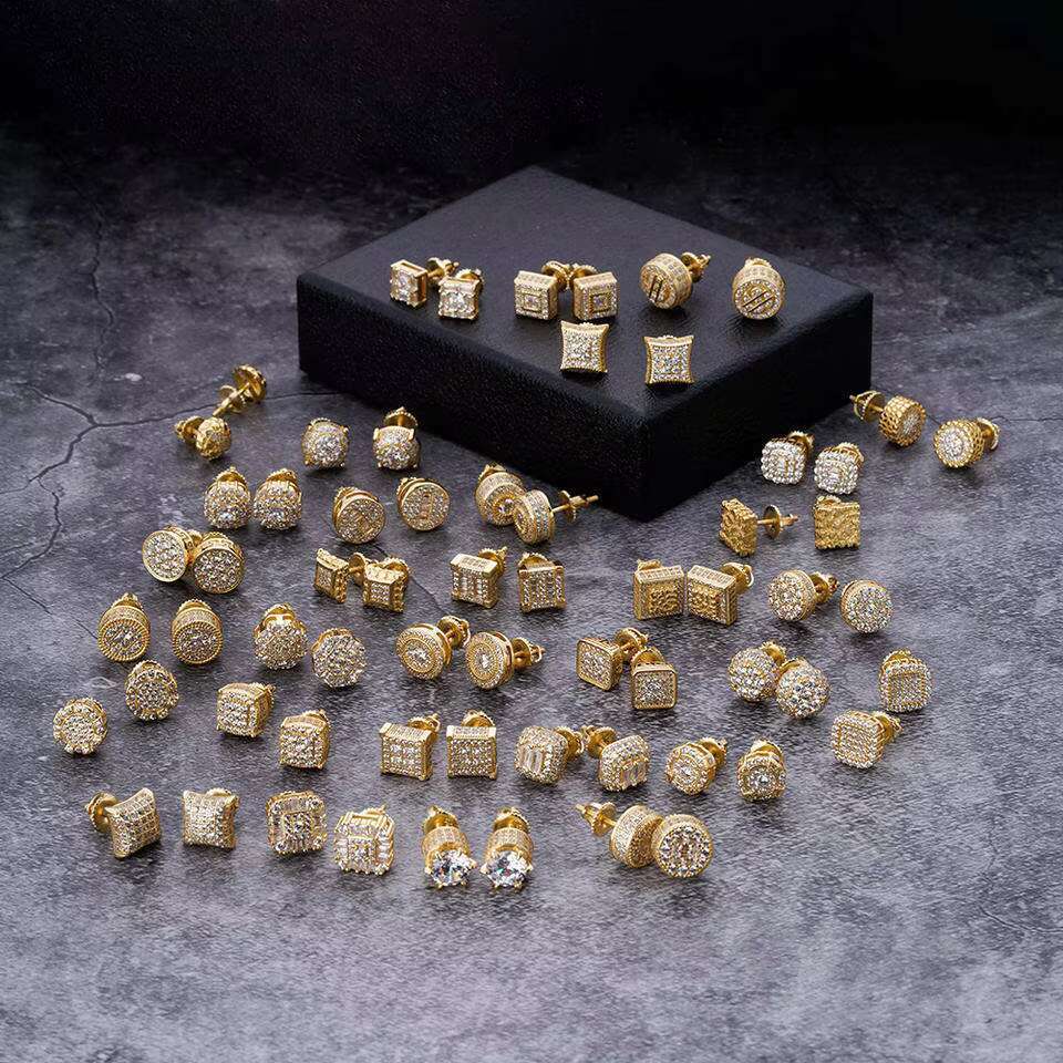 Fine Hip Hop Jewelry Gold Plated 9mm Iec Out VVS Moissanite Diamond 925 Sterling Silver Round Screw Back Stud Earrings for Men