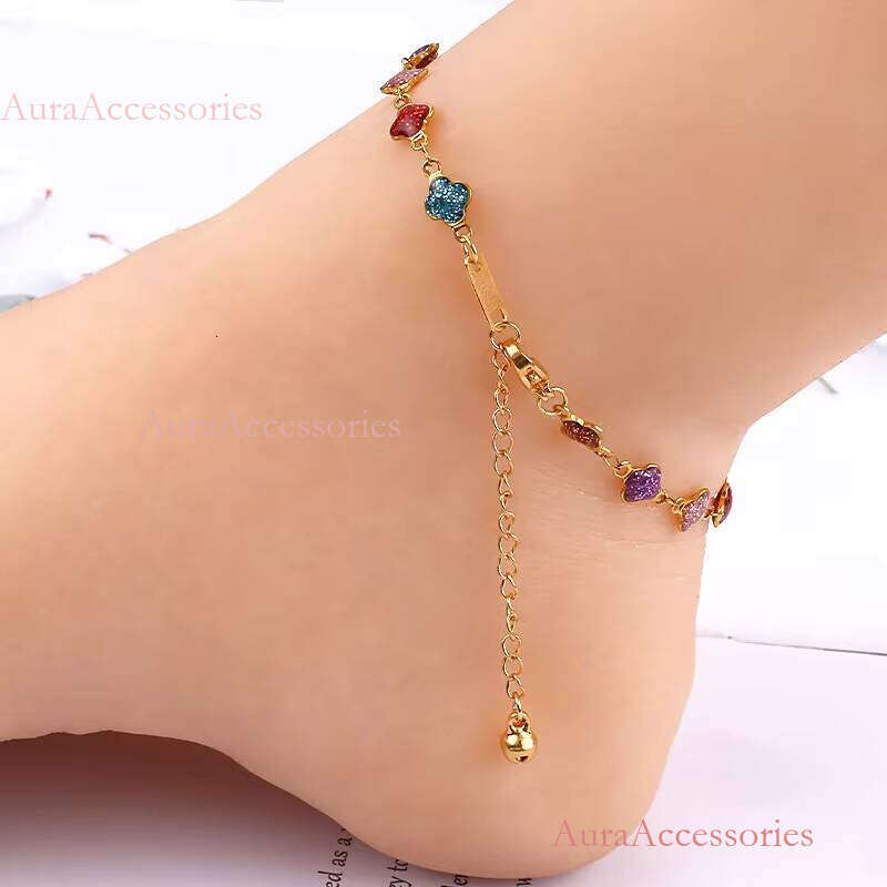 Exclusive Design Colorful Cubic Zircon Chain Bracelet Golden Stainless Steel Anklet for Women Jewelry Gift