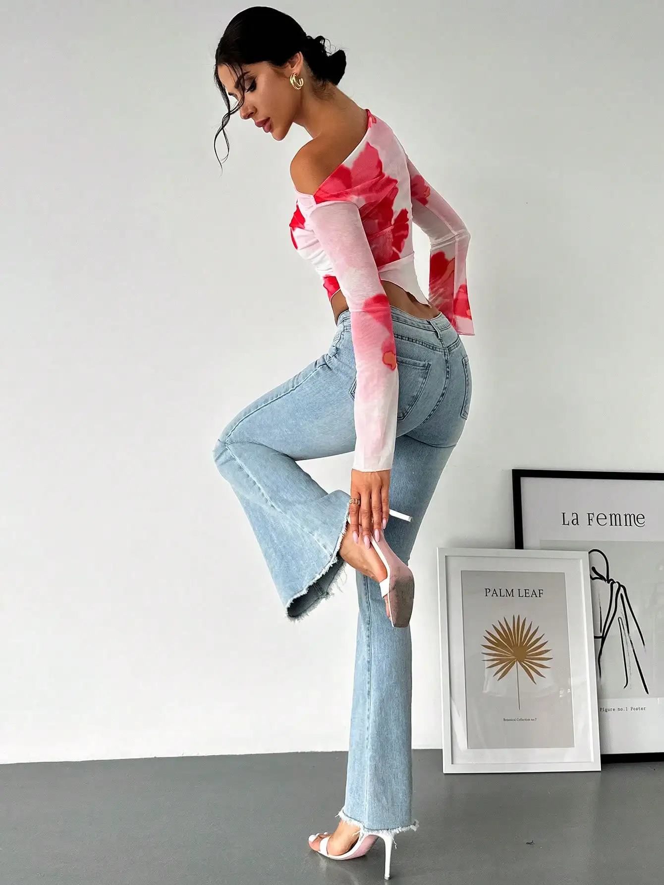 Sweet Spice Personality Style Mesh Print Diagonal Shoulder Long Sleeve Top Irregular Off-the-shoulder Short Top for Women 250513