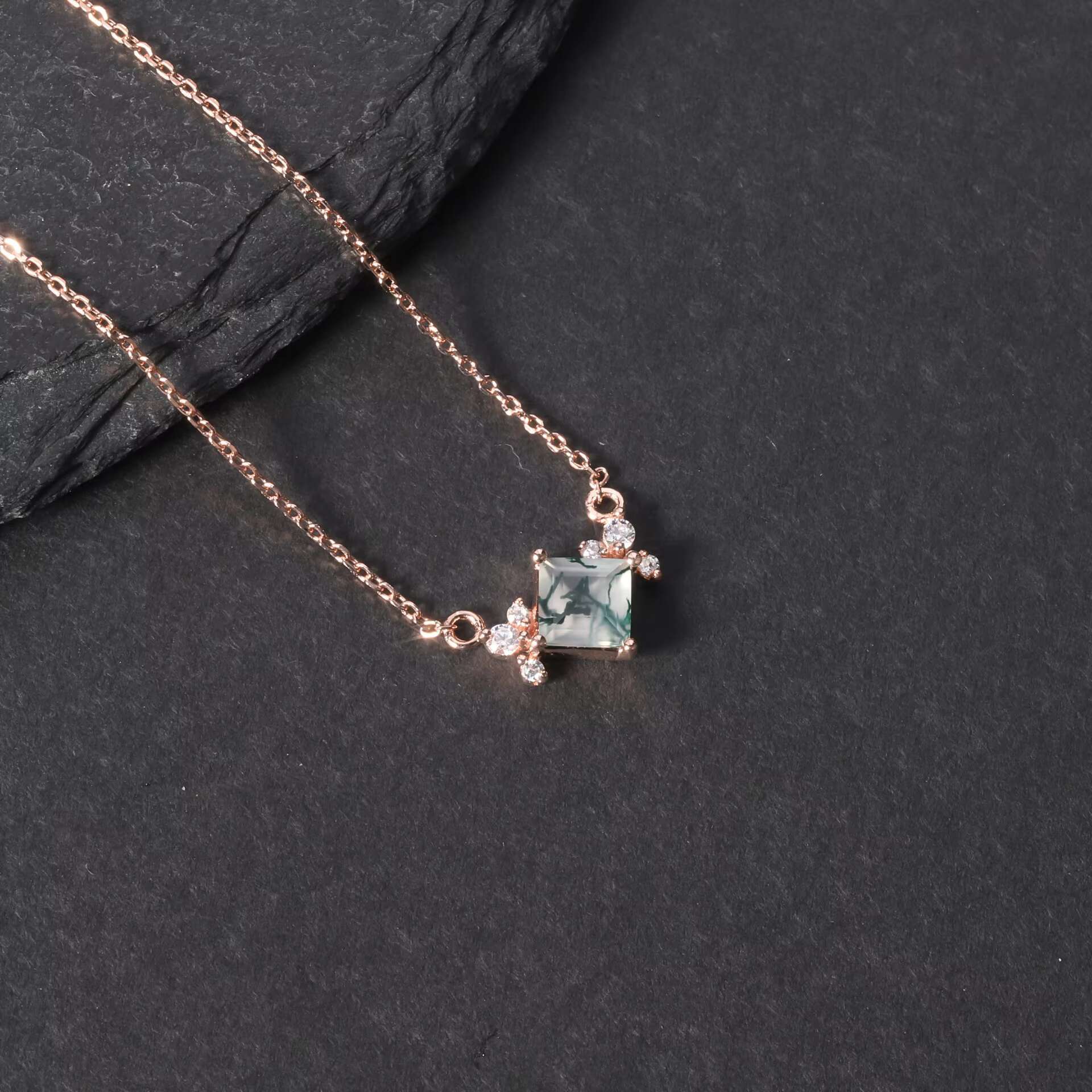 Unique Small Habitat Design Square Pendant Sier Plated Gold Natural Aquatic Grass Agate Necklace