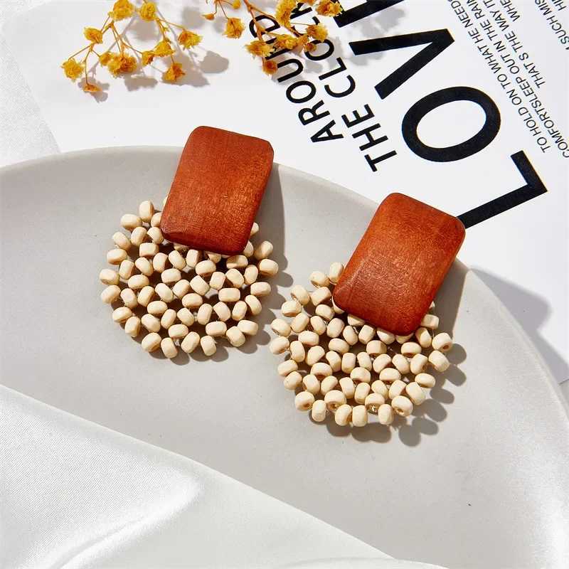 Boho Vintage Geometric Handmade Wooden Rattan Braid Clip on Earrings Without Piercing for Women Wholesale Creative Jewelry 2023 Y250510