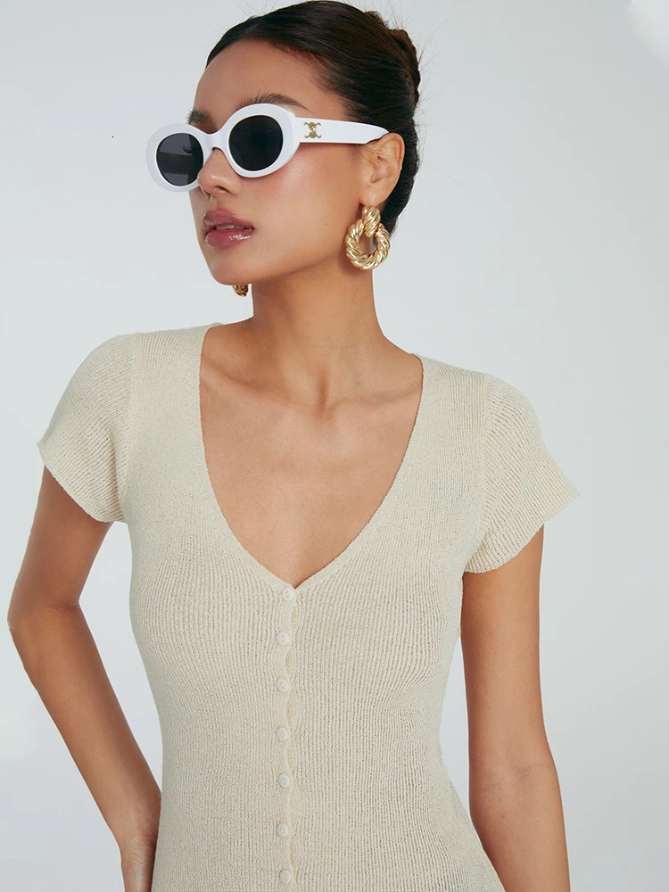Summer Womens French Style VNeck Knit ShortSleeve Mini Dress Female Beach Solid SingleBreasted 250513