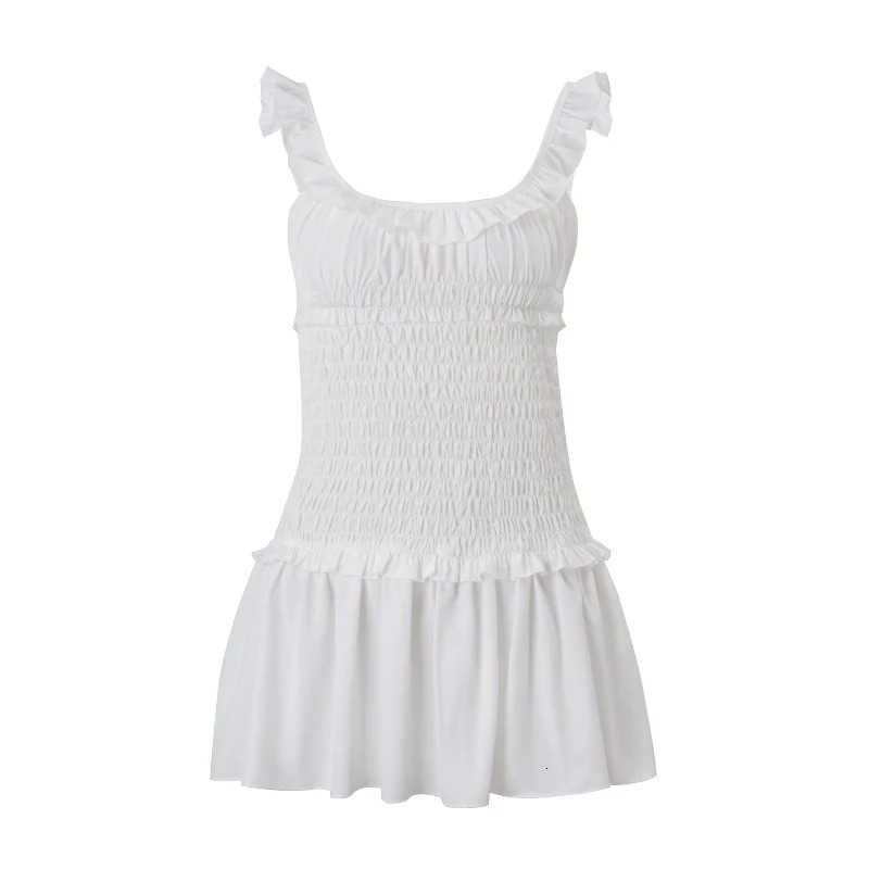 Candy Sexy Pleated Backless Casual Off Shoulder Solid ALine Strap Mini Dress Spring Summer Fashion Party Women Vestidos 250513
