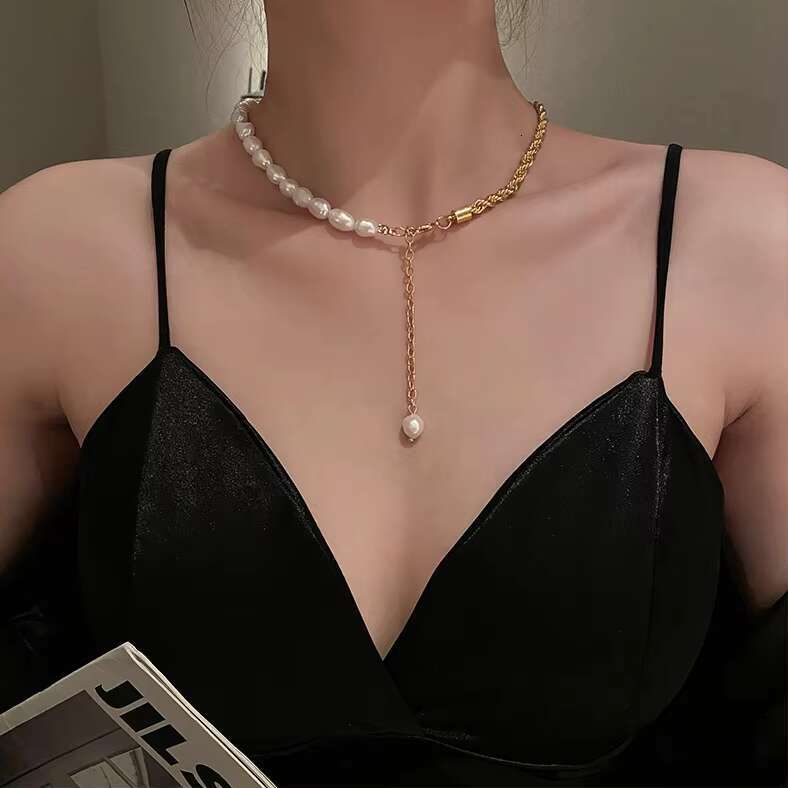 Fashion women's jewelry pearl pendant splicing stainless steel twisted gold-plated hip-hop necklace trend simple collarbone chain