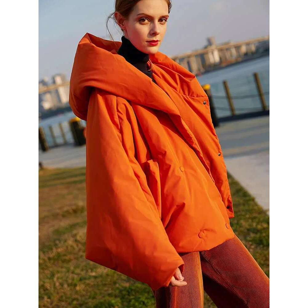 Winter New Hooded Long Sleeve Warm Coats Women's Parkas Fashion Tide Loose Fluffy Orange Red Oversized Down Jacket