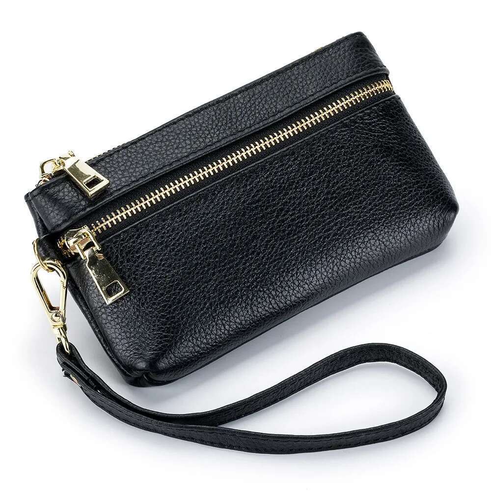 Women's Wallets Ladies Small Genuine Leather Zipper Purses Large Capacity Cowhide Money Bag With Wrist Strap Coin Card Holders