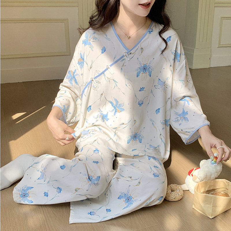 B879-Pajamas for women, spring, summer and autumn, new cotton silk buttoned three-quarter sleeve trousers, sweet American style home clothes suit