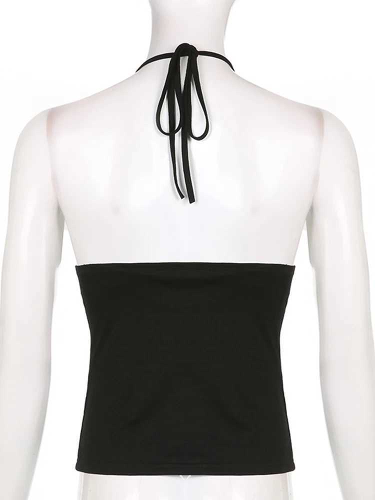 Sweetown Backless Hollow Out Bandage Sexy Camisole Womens Eyelet Punk Goth Techwear Black Crop Tops Deep V Neck Sexy Tank Vest M250513