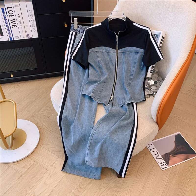 Summer New ed Zipper T-shirt top Female Elegant Women's Jeans Casual Blouse Two Piece Set Ladies Tracksuits big