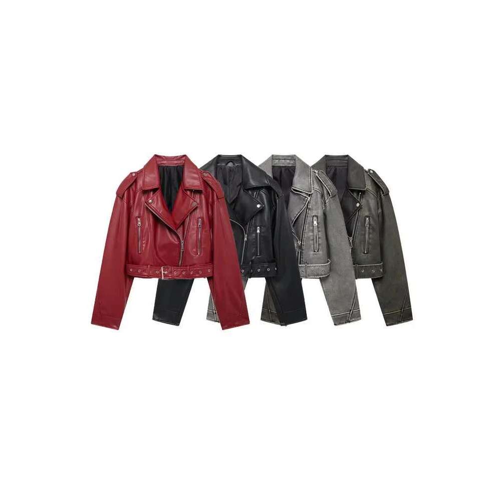 TRZA-Faux Leather Moto & Biker Jacket for Women, Long Sleeve Coat, Front Zipper, Female Outerwear, Chic Tops, Fashion