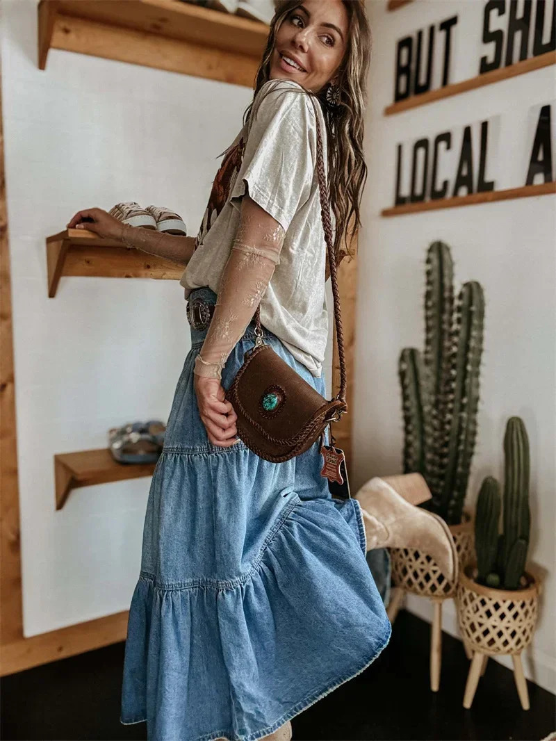 Bohemia Maxi Long Skirts Women Spring Summer Elastic High Waist Jean Skirt Ladies Vintage ALine Ruffle Pleated Denim 250513