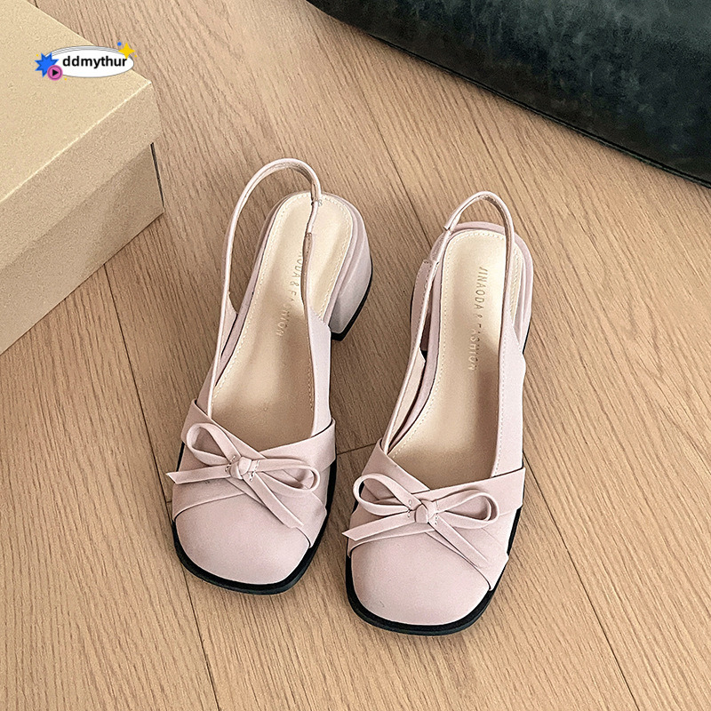 French style women's single bow hollow toe sandals, 2025 spring new style, gentle and sweet, low heel shoes with empty back ddmythur