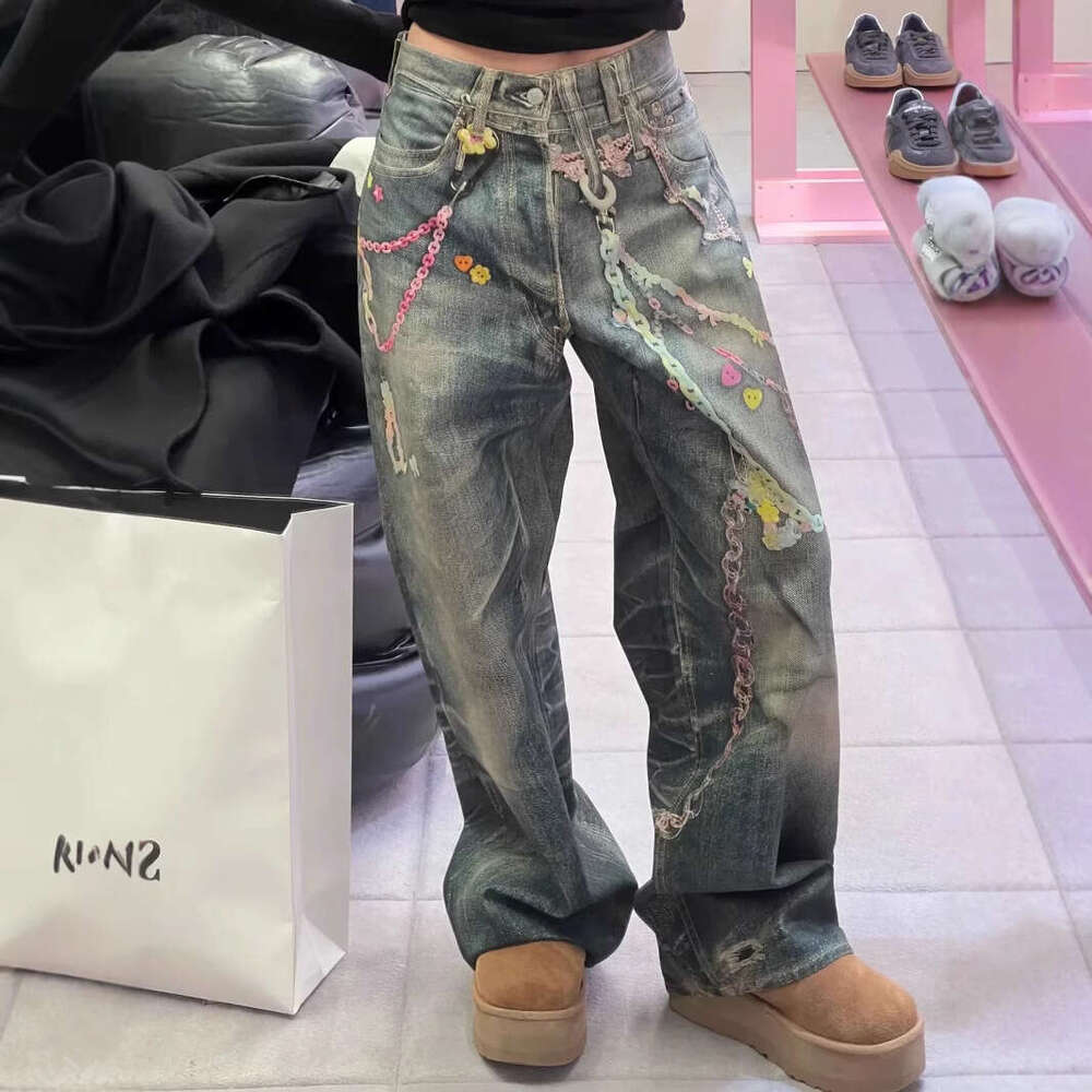 Jimo AC Spring New 3D Digital Printing Color Chain American Jeans Men and Women Same Style Curved Knife Pants