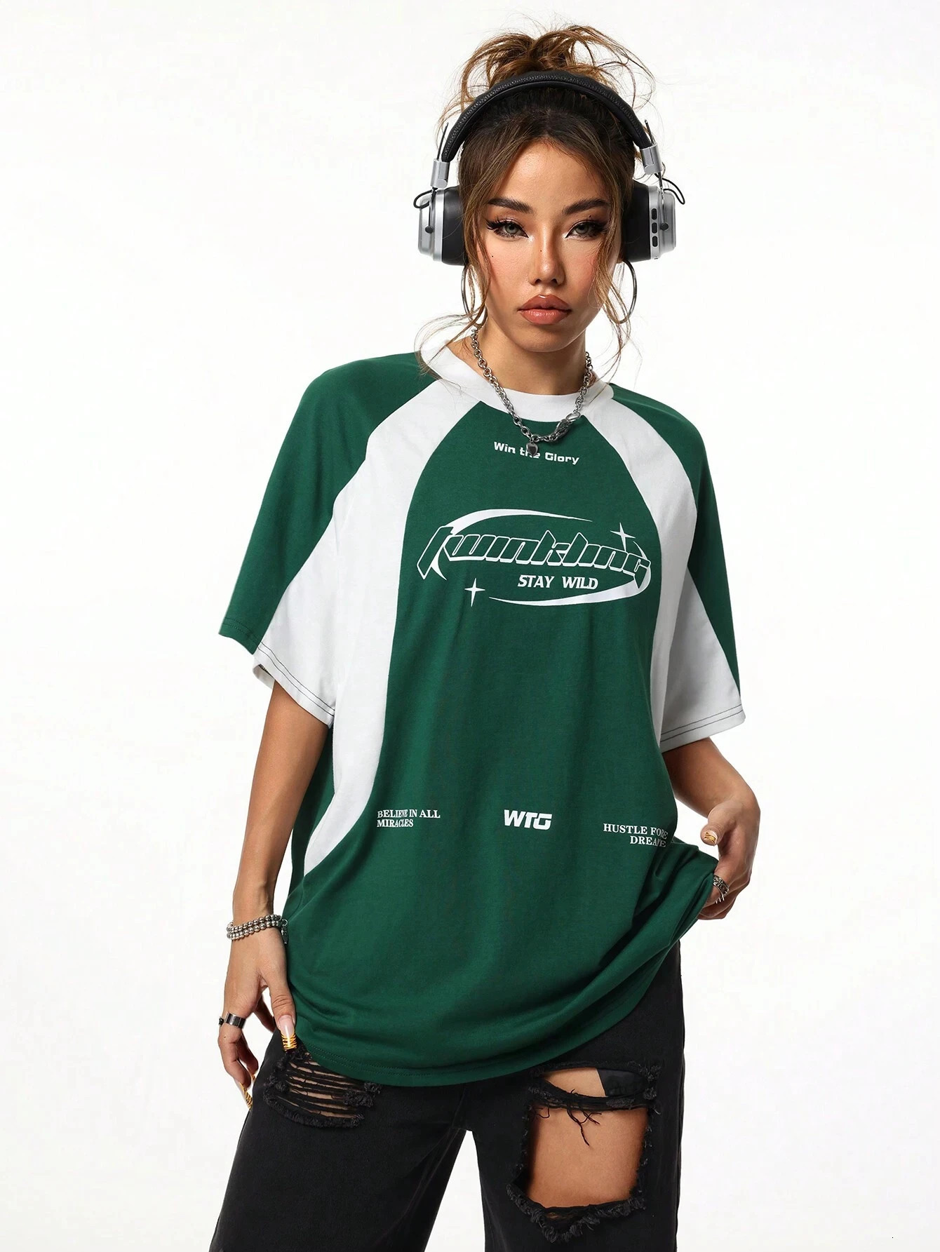 Womens Spring_Summer Streetwear Oversized Racing Motorcycle Print Color Block Raglan Sleeve TShirt Casual Top Tee 250513