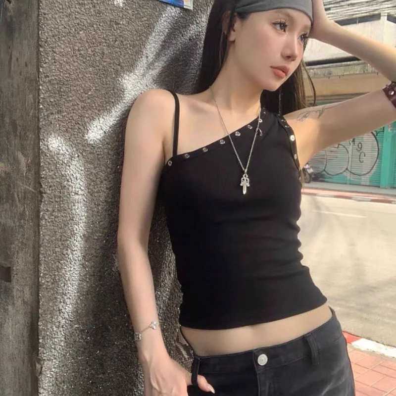 Lucyever Black Sexy One Shoulder Vest Tops Women Streetwear Ribbed Sleeveless Slim Fit Tank Female Y2K Grunge Punk Crop Tops M250513